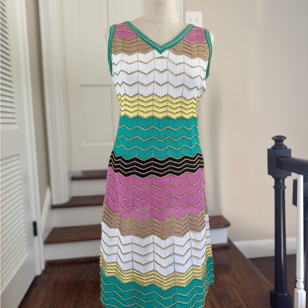 M by Missoni Chevron Knit Midi Dress in Green, Pink, and Yellow